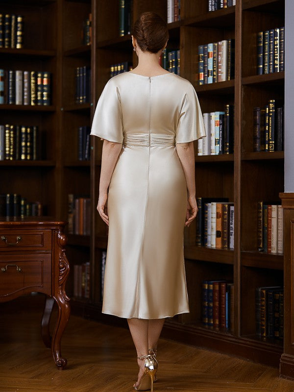 Robe de mère de la mariée en satin tissé, froncée, manches courtes, longueur thé